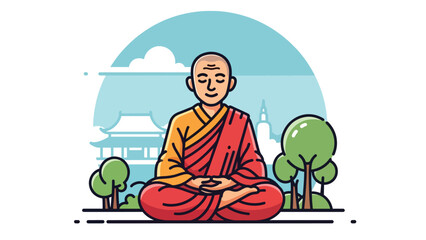 Modern flat vector illustration of a Buddhist monk meditating in lotus position, calm spiritual atmosphere, ideal for mindfulness, wellness, and spiritual education visuals