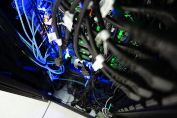 Modern Server Room with Colorful Cables and Lights