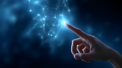 Finger Pointing at Glowing Digital Network Nodes