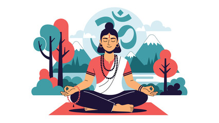 Flat vector illustration of a Hindu meditation practice with peaceful posture, spiritual balance theme, ideal for yoga, wellness, and religious lifestyle content