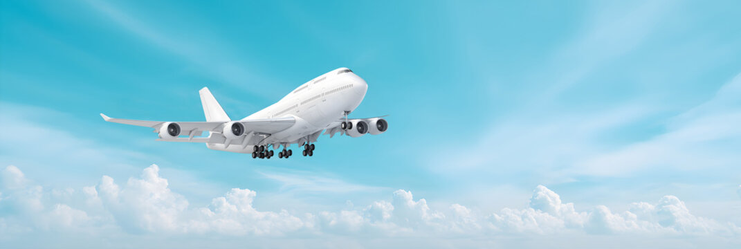 Airplane boeing 747 ( jumbo jet) flying ,white airplane ,The background is dominated by a pale azure blue sky. 