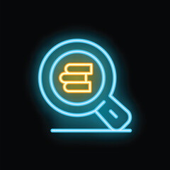 Neon sign of a magnifying glass is searching a stack of books