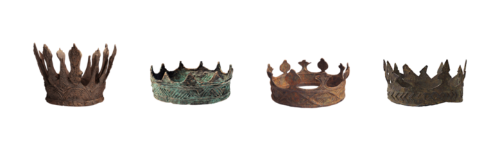 Ancient Metal Crowns Collection. Historical Royalty And Power Symbols Set Isolated On Transparent Background