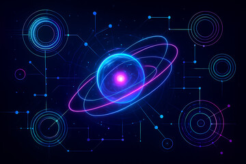 Neon luminous atomic model showing glowing particles orbiting core nucleus for futuristic technology and science innovation
