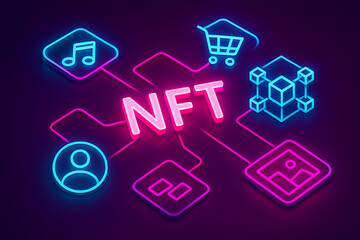 Neon glowing NFT blockchain illustration showing digital assets marketplace cryptocurrency art token and non fungible technology concept