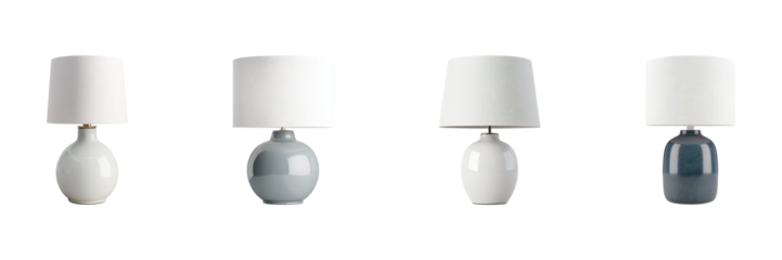 Ceramic Table Lamps With Textured Shades Set. Modern Home Lighting Collection Isolated On Transparent Background