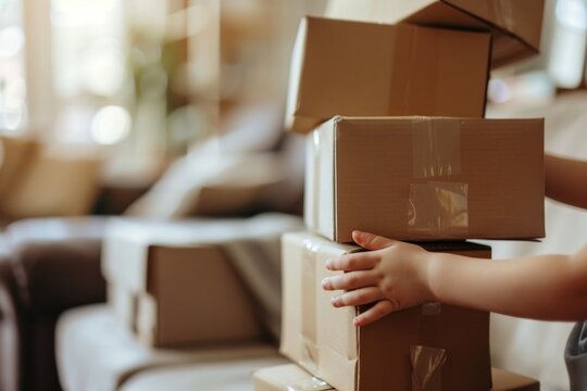 Child stacking cardboard boxes indoors in a cozy room