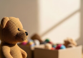 A fluffy brown teddy bear sits inside a cardboard box overflowing with colorful toys and plastic balls. This heartwarming image is perfect for toy store ads, charity drives, or nursery decor projects.
