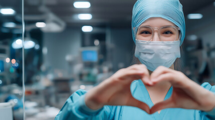 Medical professional wearing scrubs and face mask, making a heart shape with hands, symbolizing love and gratitude in healthcare