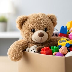 A fluffy brown teddy bear sits inside a cardboard box overflowing with colorful toys and plastic balls. This heartwarming image is perfect for toy store ads, charity drives, or nursery decor projects.