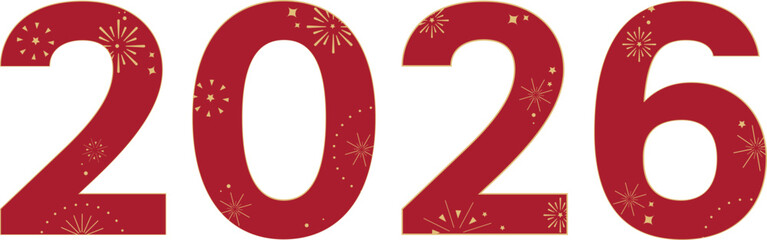 2026 New year banner. Red 2026 numbers with golden fireworks and stars on transparent background. 