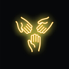 Neon sign of three hands coming together, symbolizing teamwork and collaboration