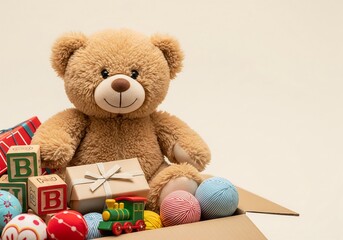 A fluffy brown teddy bear sits inside a cardboard box overflowing with colorful toys and plastic balls. This heartwarming image is perfect for toy store ads, charity drives, or nursery decor projects.
