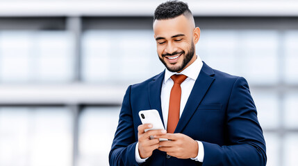 Indian businessman in navy suit smiles, engaging with smartphone outside modern office, symbolizing connection and digital success