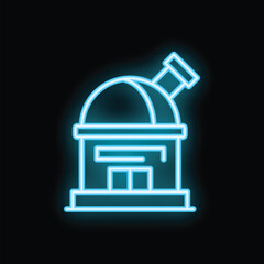 Neon sign illuminating a building topped with a dome, signifying an observatory searching for celestial objects