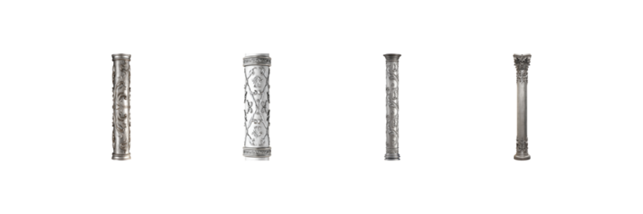 Ornate Silver Mezuzah Cases Set. Judaica And Religious Art Collection Isolated On Transparent Background