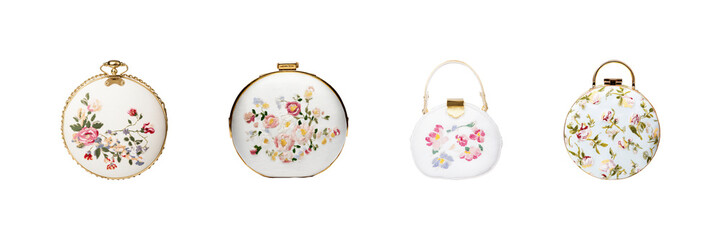 Naklejka premium Vintage Floral Embroidered Handbags Set. Elegant Fashion Accessories Collection Isolated On Transparent Background