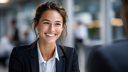 Fototapeta premium Smiling professional woman in business attire having conversation in modern office environment, positive corporate communication concept, clean professional setting, realistic comm