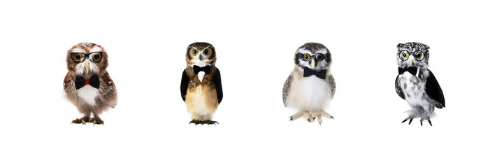 Obraz premium Owls In Formal Attire Set. Whimsical Animal Fashion Collection Isolated On Transparent Background