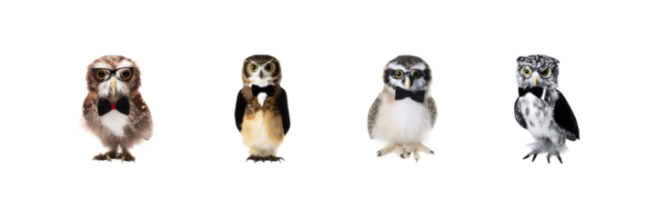 Owls In Formal Attire Set. Whimsical Animal Fashion Collection Isolated On Transparent Background
