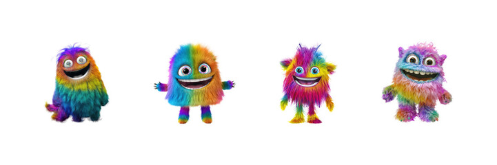 Fototapeta premium Colorful Furry Monsters Set. Vibrant Cartoon Characters For Children'S Media Collection Isolated On Transparent Background