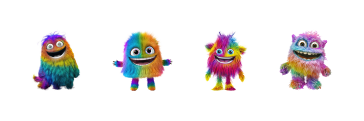 Colorful Furry Monsters Set. Vibrant Cartoon Characters For Children'S Media Collection Isolated On Transparent Background