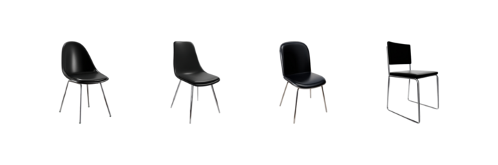 Four black chairs with plastic seats and metal legs in various shapes set isolated on transparent background