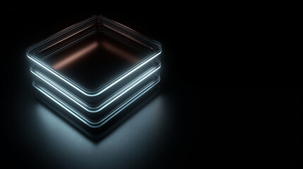 Futuristic IT and technology concept of stacked cubes with glowing edges on a dark background representing data storage or digital architecture