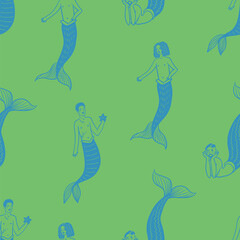 Mermaid man ocean fantasy pattern with sea creatures vector seamless nautical illustration design