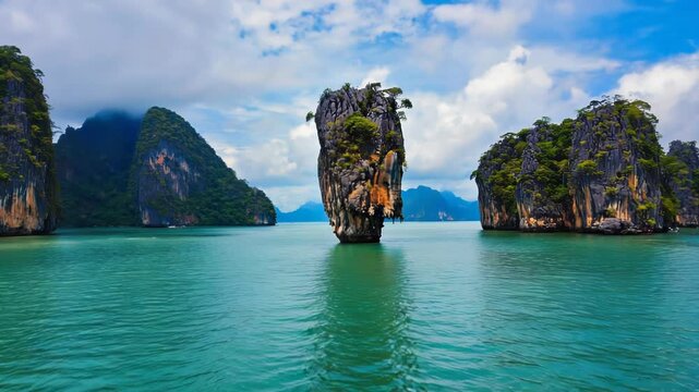 Iconic limestone karst formation ko tapu in the turquoise waters of phang nga bay, thailand