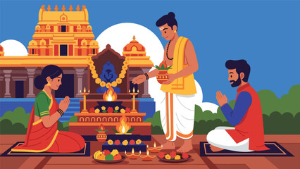 Flat vector illustration of people participating in a Hindu spiritual ceremony, sacred rituals and tradition theme, ideal for cultural and religious visuals