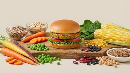 Healthy veggie burger surrounded by fresh ingredients