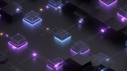 Abstract network of glowing purple cubes representing IT and technology infrastructure and data flow