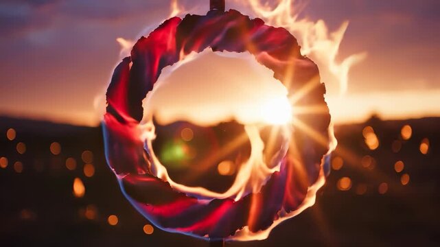 A flaming ring is illuminated against a breathtaking sunset, capturing the vibrant colors of the fire. The flaming ring creates a mesmerizing focal point as the sun sets in the bac