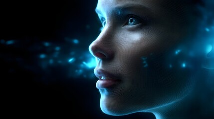 Fototapeta premium Futuristic Digital Portrait of a Woman with Glowing Blue Wireframe Effect