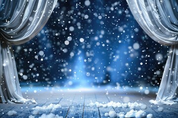 Elegant snowy stage with falling snowflakes and draped curtains in a theater setting