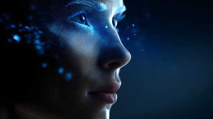 Obraz premium Digital Human Face with Blue Wireframe Overlay in Dark Background