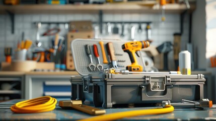 Organized tool kit with drill and accessories in a workshop setting
