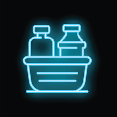 Bright neon blue icon of a basket with bottles, symbolizing a trip to the grocery store for food and drinks
