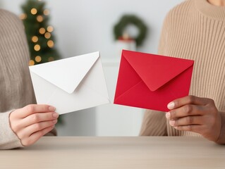 Hands holding red and white envelopes, symbolizing festive greetings, with a blurred background of holiday decorations, representing the spirit of celebration during Chinese New Year
