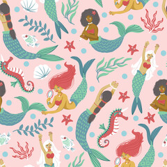 Seamless mermaid vector pattern with playful ocean elements, fantasy underwater girls and sea creatures