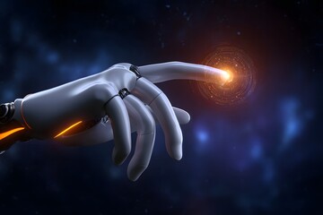 Robot hand touching glowing orange light in space, futuristic technology concept