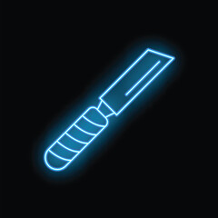Blue neon chisel icon glowing in the dark, a symbol of craftsmanship and woodworking