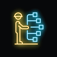 Obraz premium Neon icon of a construction worker managing a project plan, symbolizing construction management and project planning