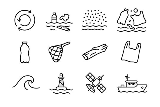 Gyre Pollution Icons. Line style icons of Gyre Pollution: Circular Current, Debris, Concentration, Pacific Garbage Patch; Plastic