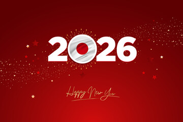 “2026” with Japanese flag as zero and “Happy New Year” text on red background, symbolizing celebration.
