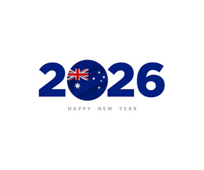 “2026” with Australian flag as zero and “HAPPY NEW YEAR” text, symbolizing national pride and celebration.