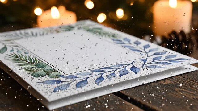 Greeting card with watercolor foliage frame and candles