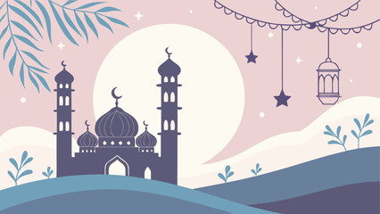 Minimalist ramadan night scene illustration with mosque silhouette and moon © MdMominul