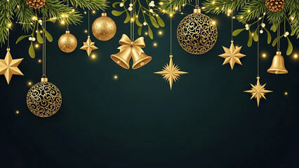 Golden Holiday Ornaments Display in Cozy Environment, Illustration for Seasonal Cheer